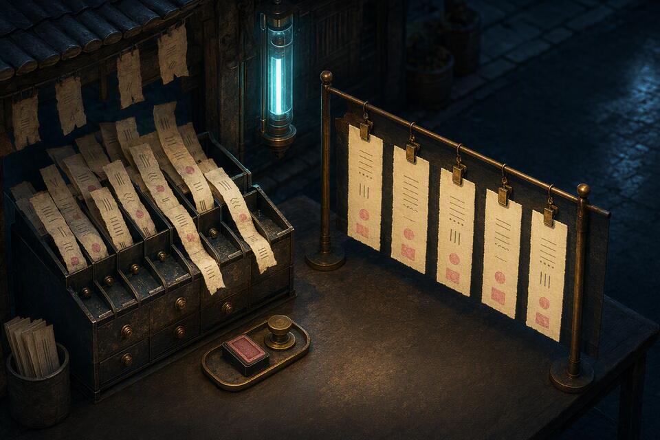 An illustrated midnight reading stall sorting tangled paper strips into five orderly marked study tickets